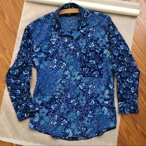 LP Vintage 80s Blue Multi Pattern Button Up Long Sleeve Top | Size Petite S